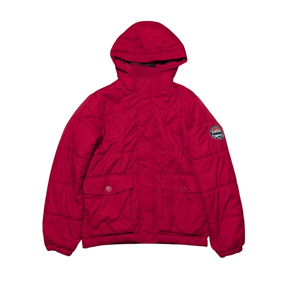 Aeropostale Puffer Jacket Men Medium Red Hooded Plaid Lined Quilted Parka Patch